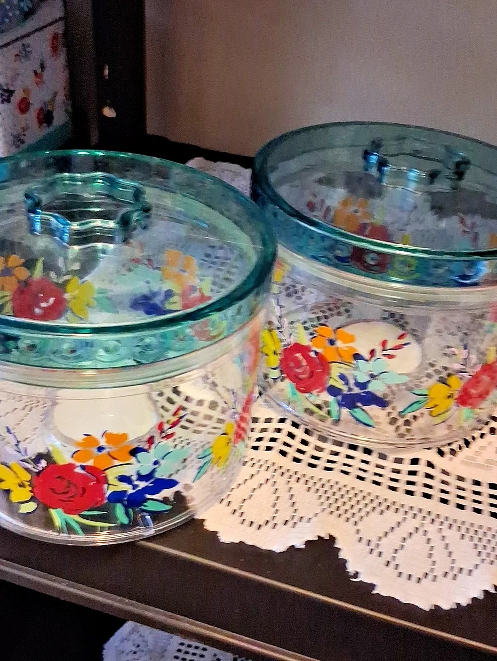 The Pioneer Woman Birthday Floral Canister 2 Containers With Bulb Handle On Top.